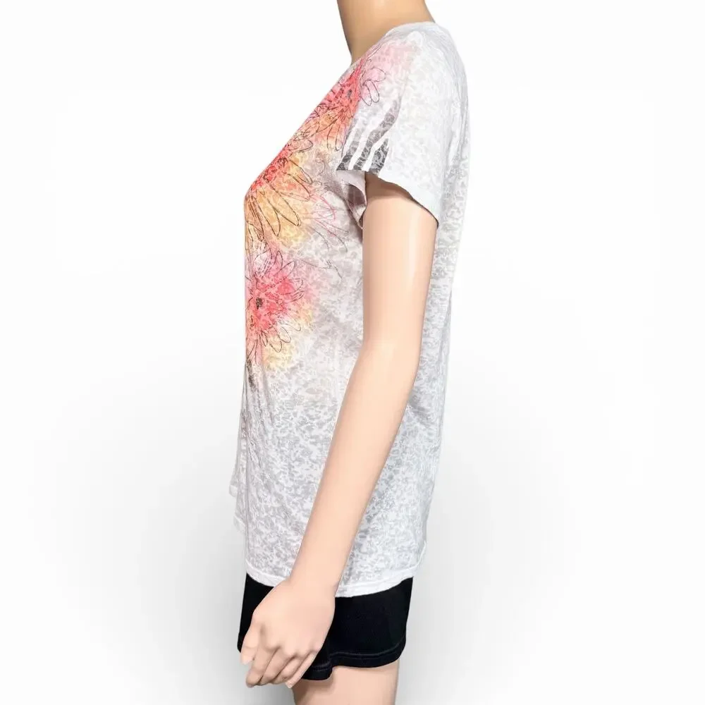 Y2K Artisans Apparel Womens T Shirt Top Bright Floral Print Nearly Sheer Medium